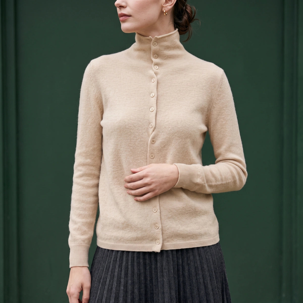 Kiera Pure Cashmere Button Up Cardigan - Beige