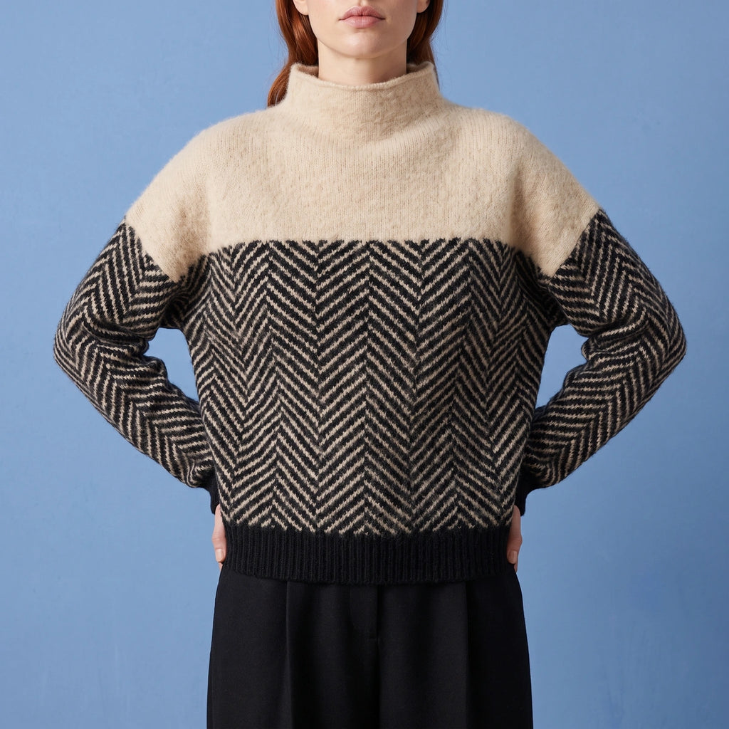 Lauren Two Tone Herringbone Mock Neck Sweater - Camel