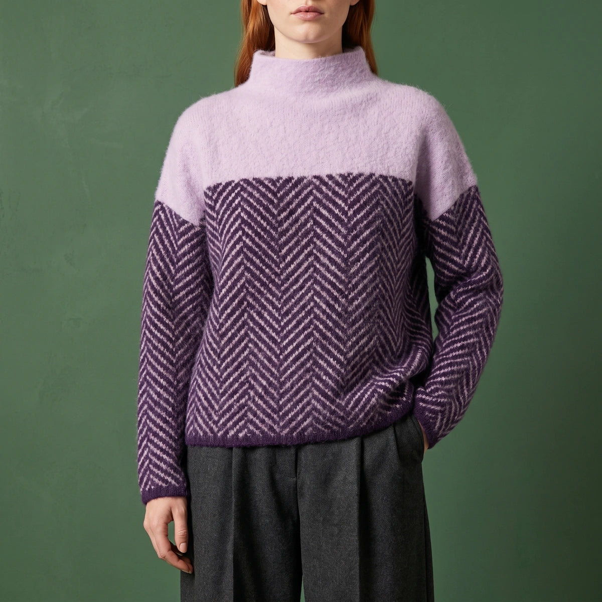 Lauren Two Tone Herringbone Mock Neck Sweater - Lavender