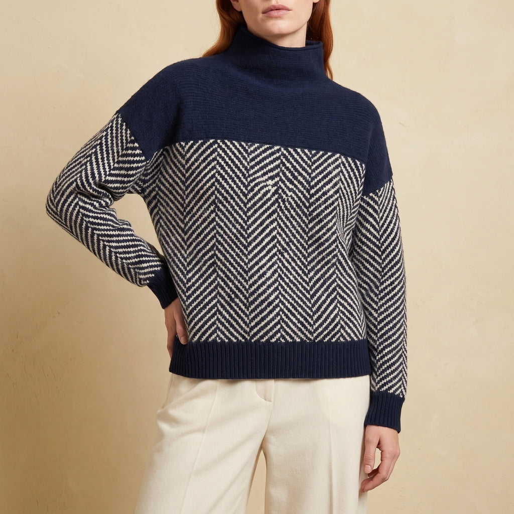 Lauren Two Tone Herringbone Mock Neck Sweater - Navy