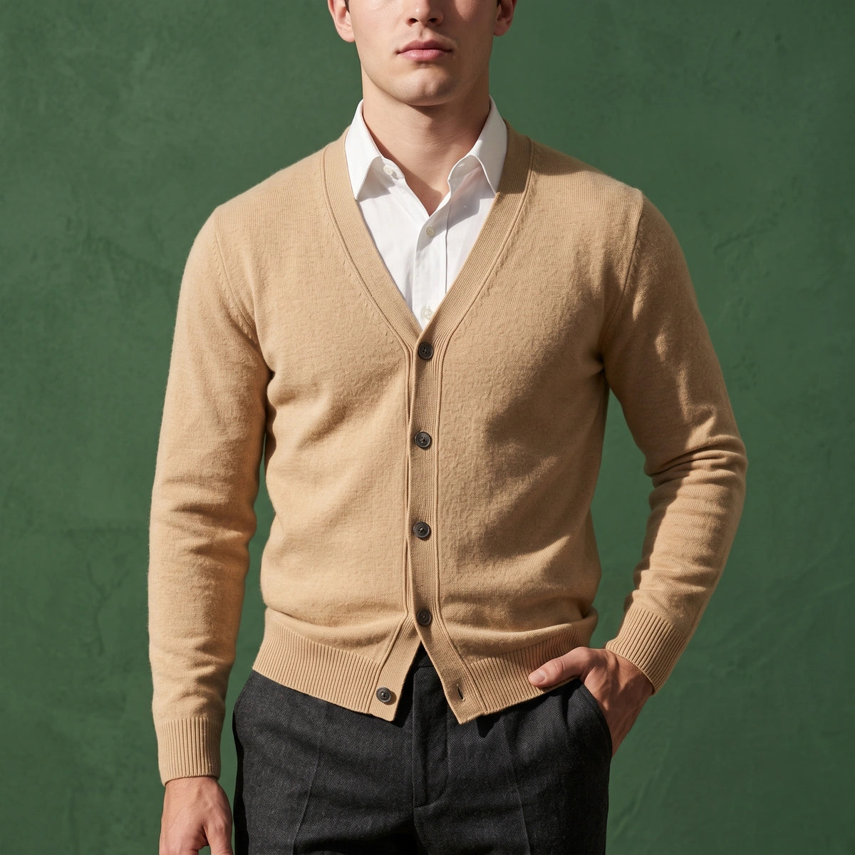 Lawrence Fine Knit Cashmere V Neck Cardigan - Beige