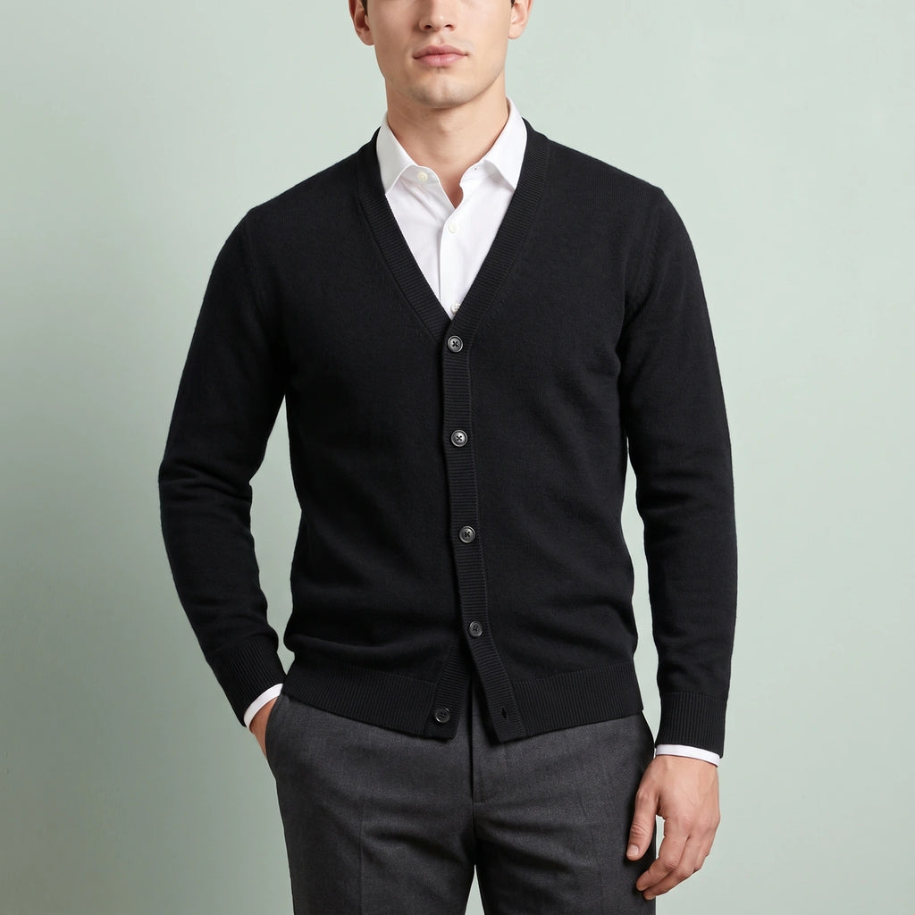 Lawrence Fine Knit Cashmere V Neck Cardigan - Black