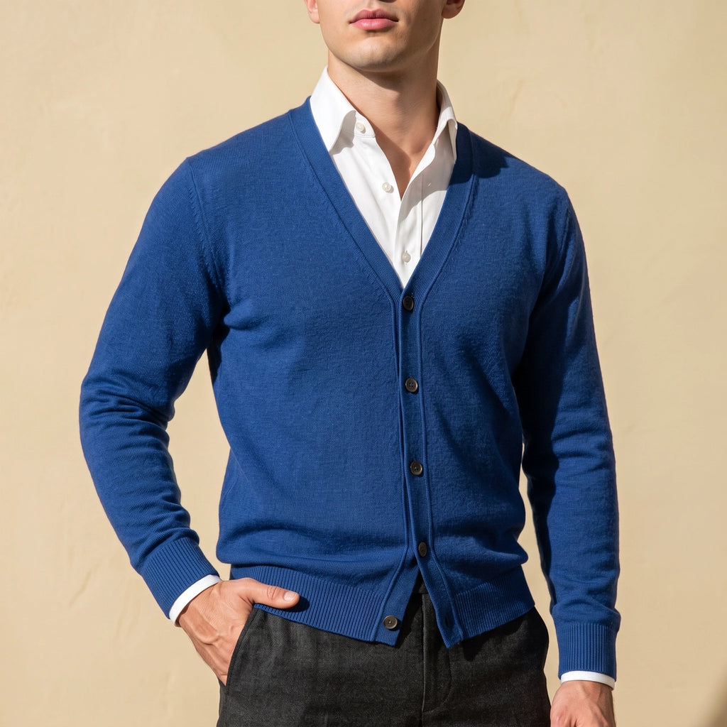Lawrence Fine Knit Cashmere V Neck Cardigan - Blue