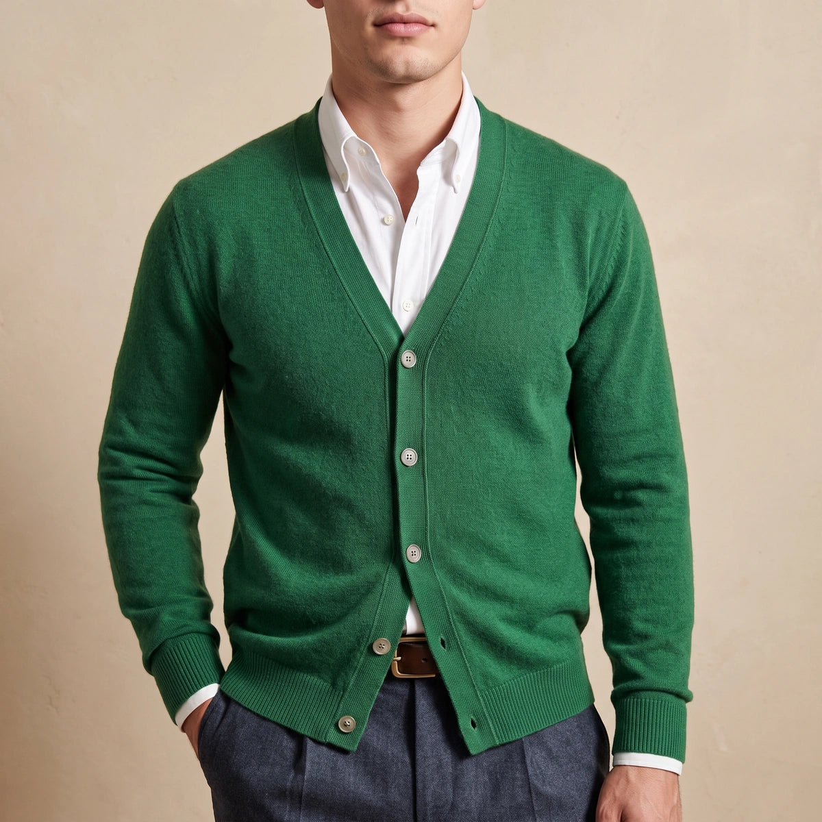 Lawrence Fine Knit Cashmere V Neck Cardigan - Green