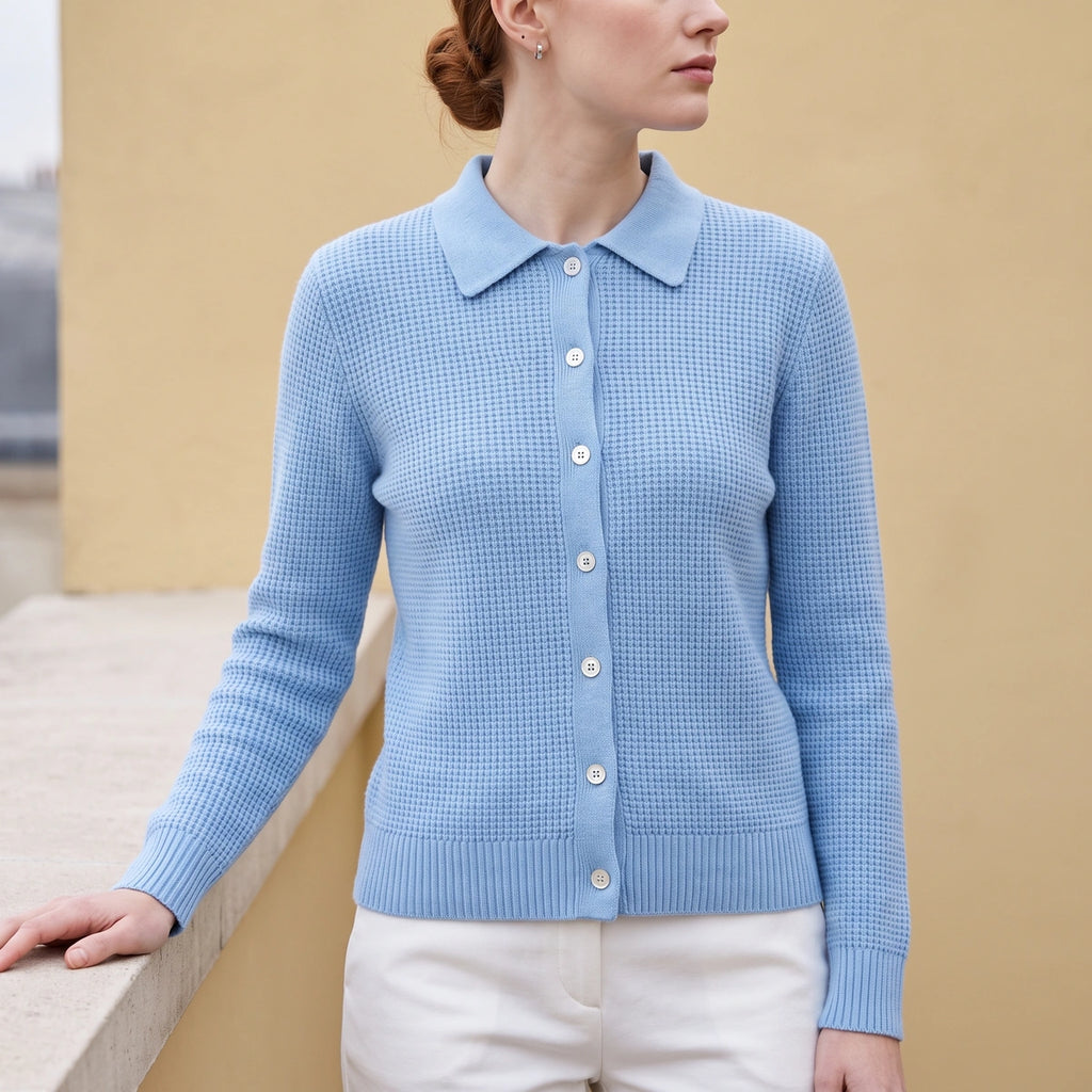 Leila Ribbed Collared Button Knit Sweater - Blue