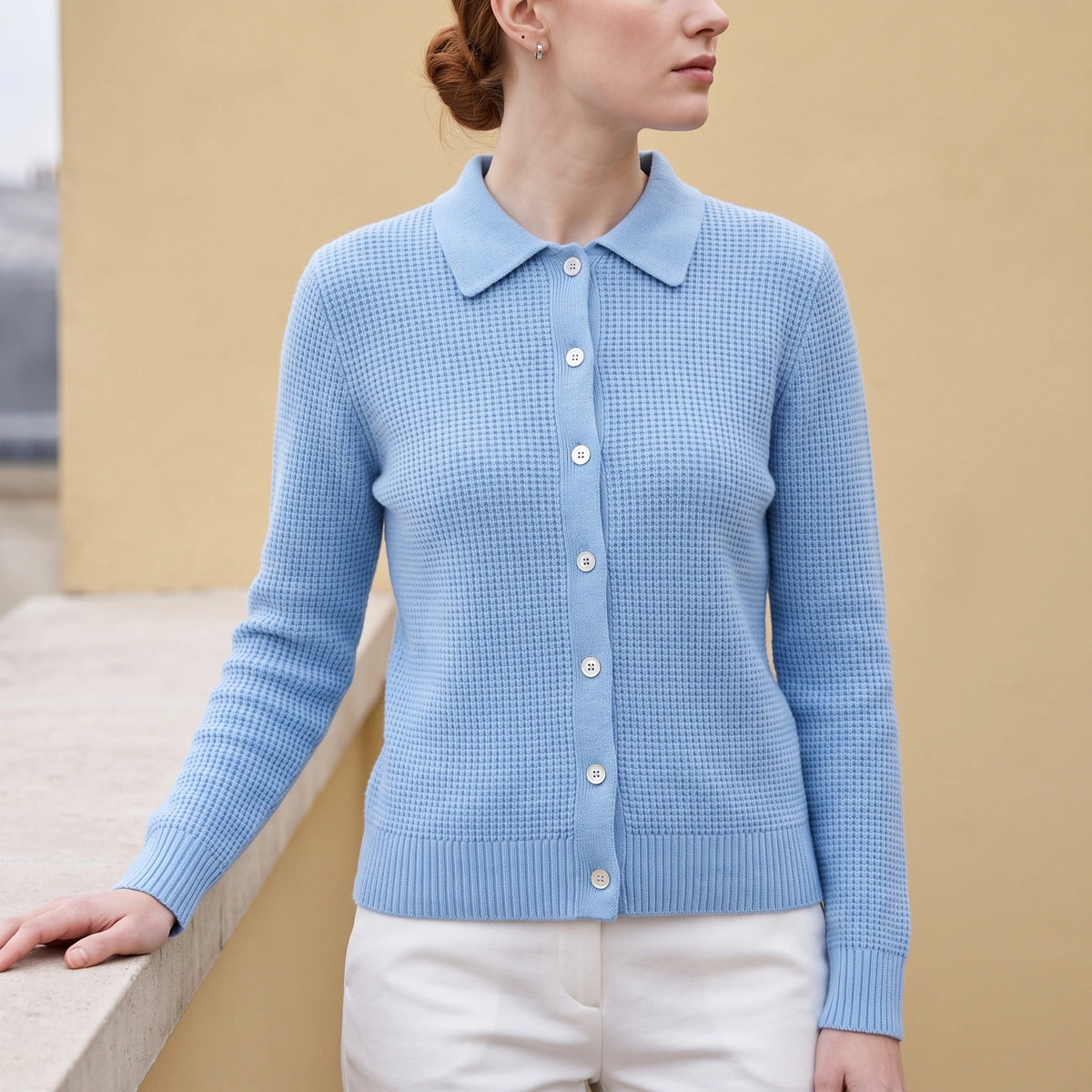 Leila Ribbed Collared Button Knit Sweater - Blue