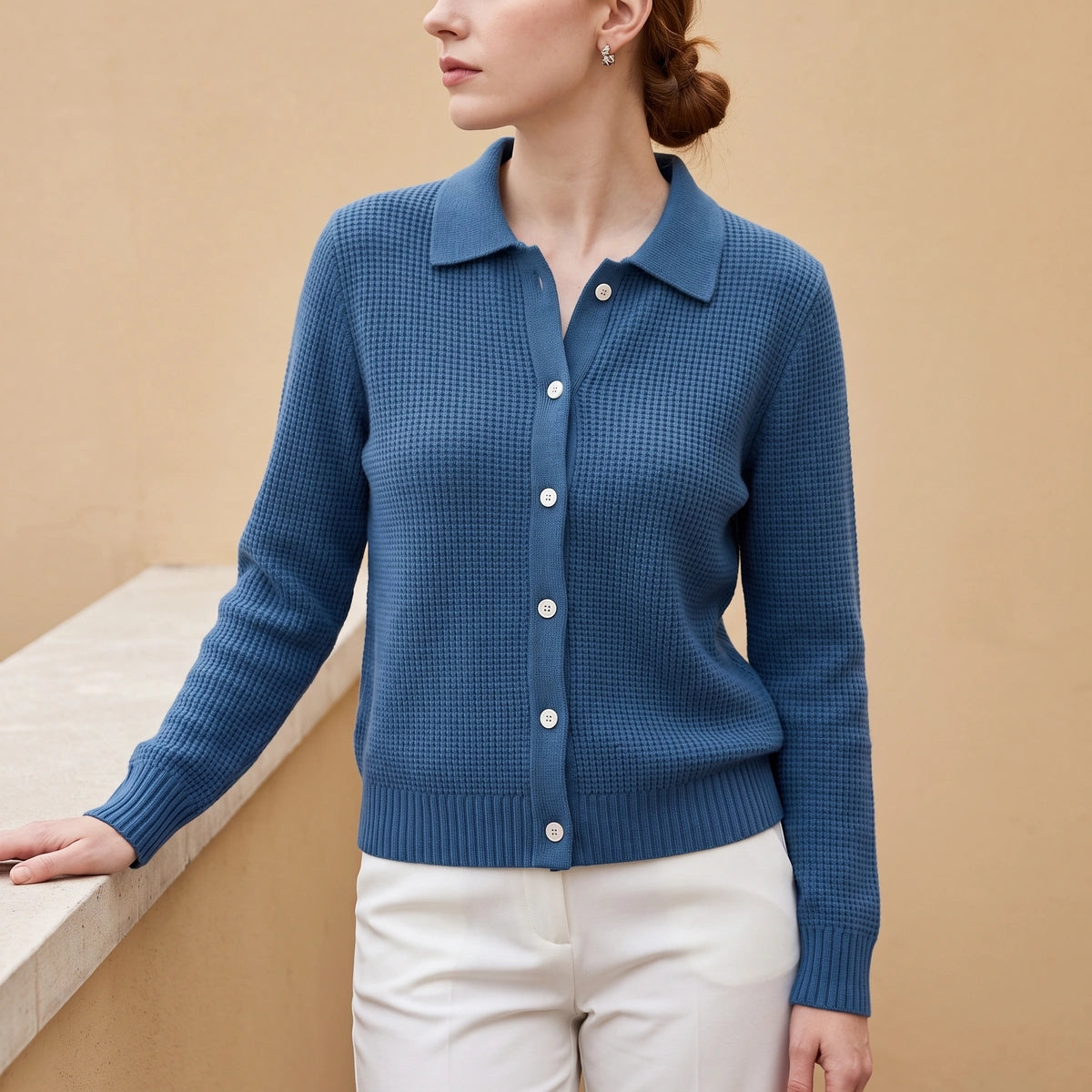 Leila Ribbed Collared Button Knit Sweater - Dark Blue