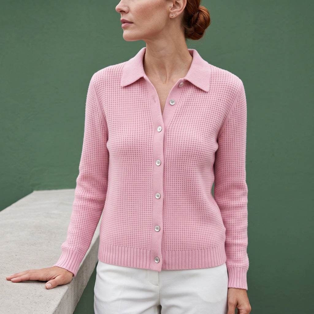 Leila Ribbed Collared Button Knit Sweater - Pink