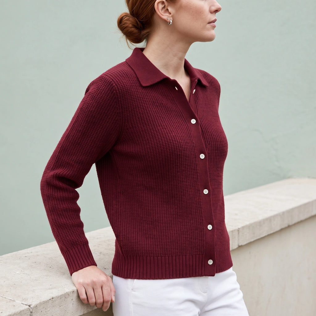 Leila Ribbed Collared Button Knit Sweater - Red