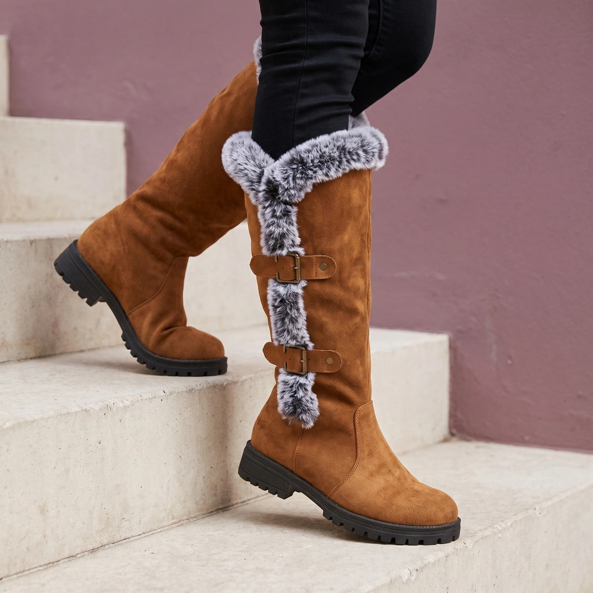 Lena Fur Trim Buckle Lug Sole Boots - Tan