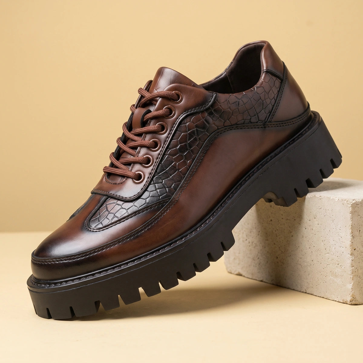 Leon Croc Embossed Lug Sole Derby Shoes - Dark Brown