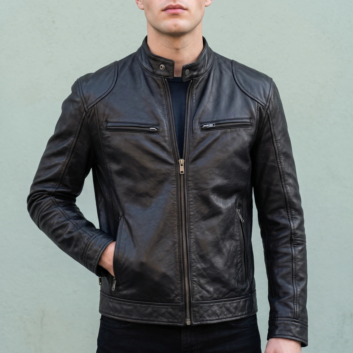 Lewis Vintage Leather Snap Collar Jacket - Black