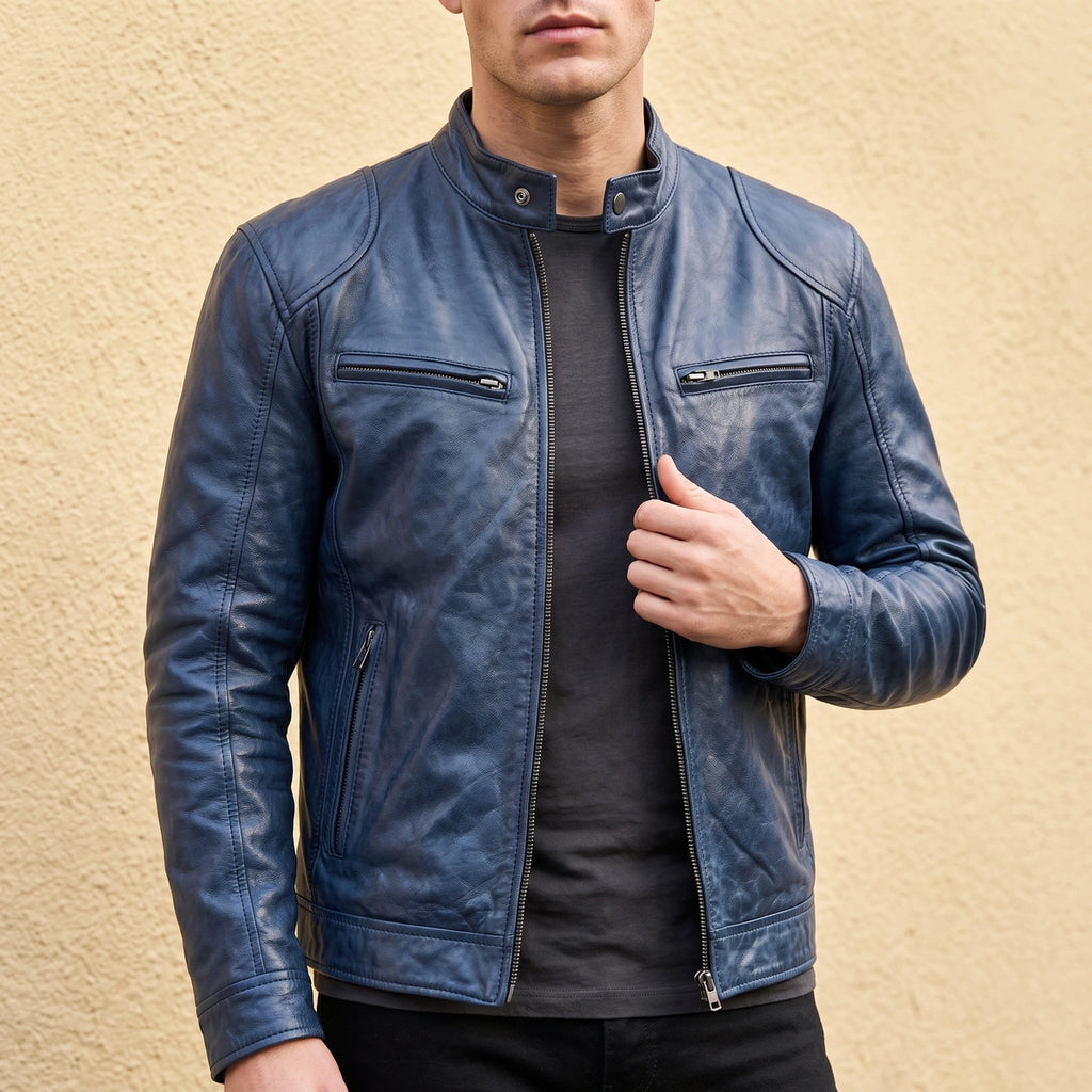 Lewis Vintage Leather Snap Collar Jacket - Blue