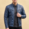 Lewis Vintage Leather Snap Collar Jacket - Blue