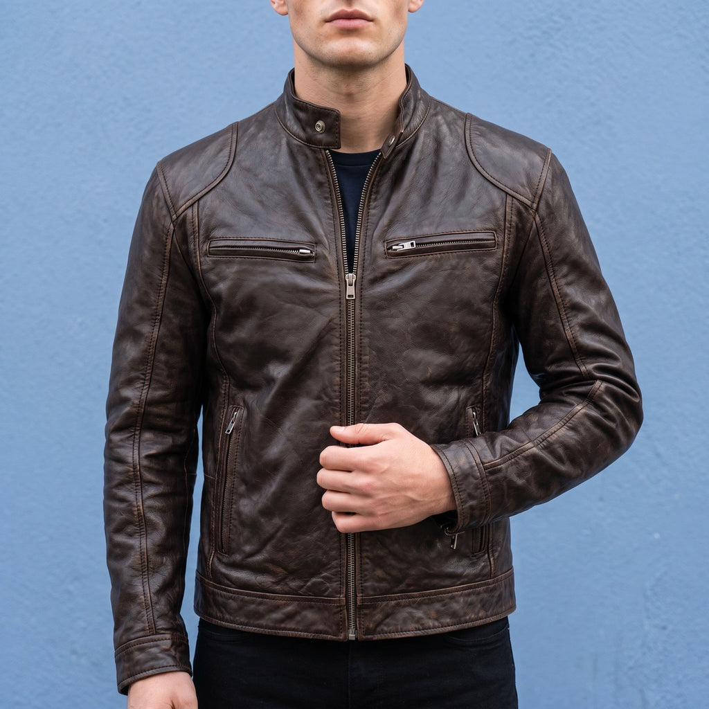 Lewis Vintage Leather Snap Collar Jacket - Brown