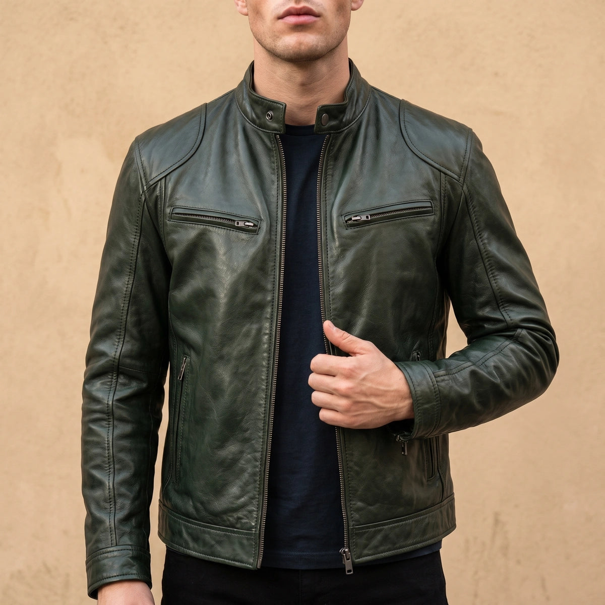Lewis Vintage Leather Snap Collar Jacket - Green
