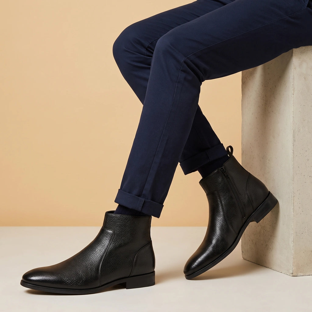 Lyle Pebbled Leather Inside Zip Boots - Black