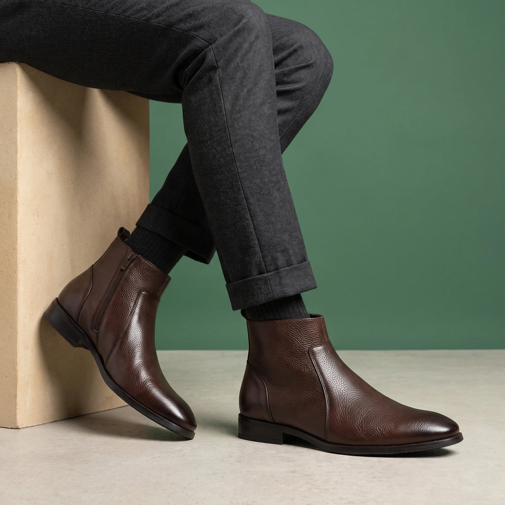 Lyle Pebbled Leather Inside Zip Boots - Brown