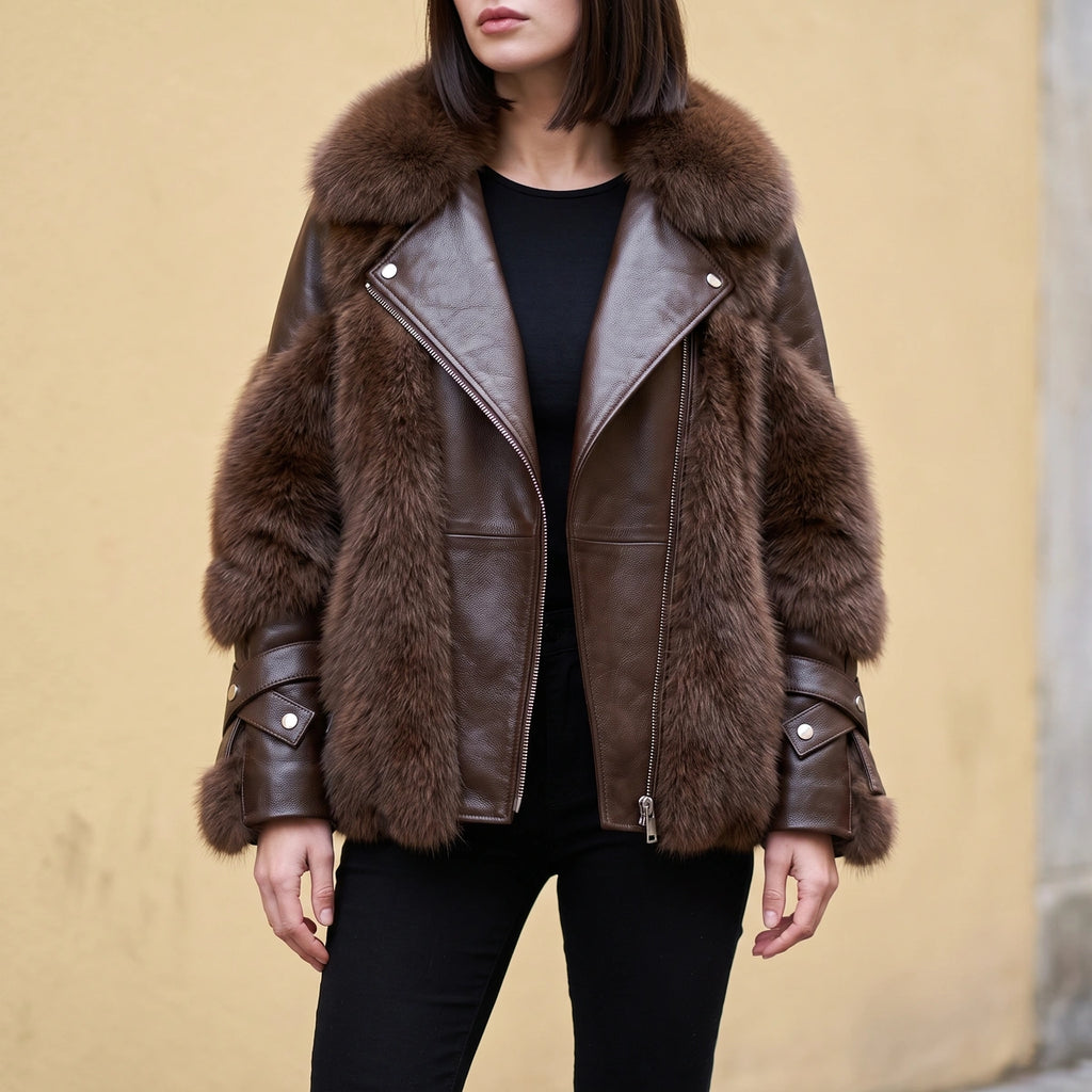 Madeline Vegan Leather Faux Fur Trim Jacket - Brown