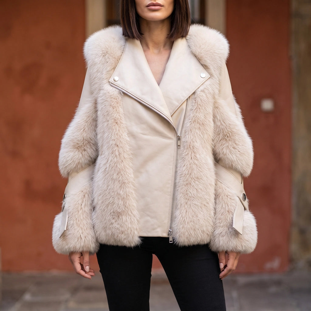 Madeline Vegan Leather Faux Fur Trim Jacket - White