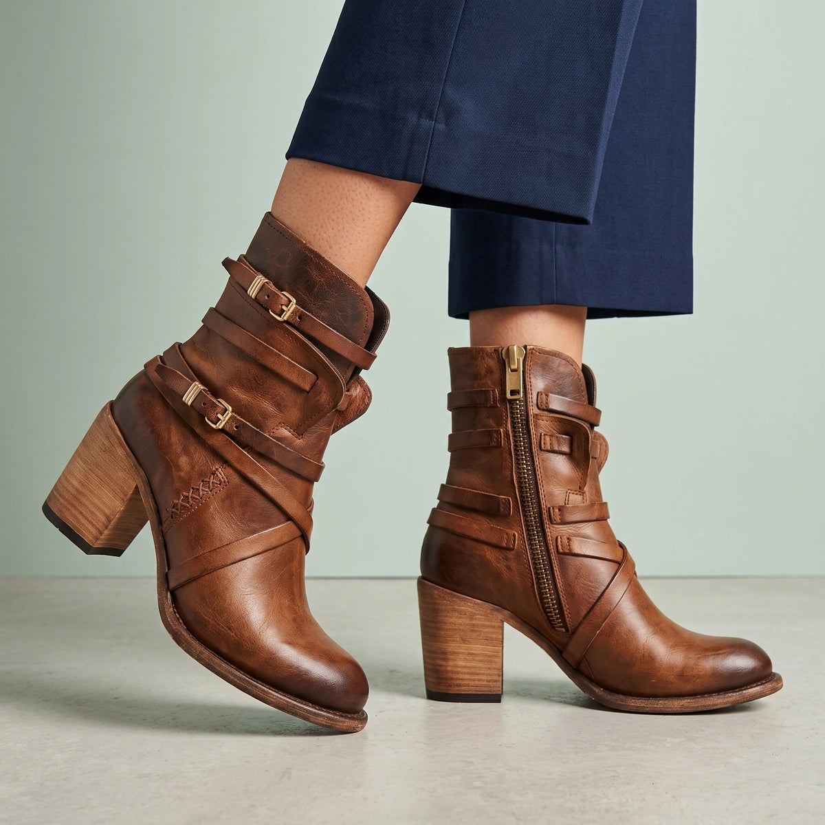 Martha Distressed Leather Buckle Ankle Boots - Brown