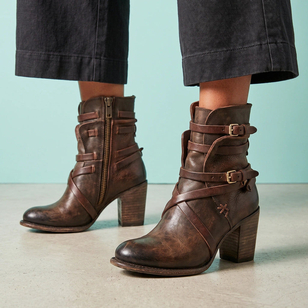 Martha Distressed Leather Buckle Ankle Boots - Dark Brown