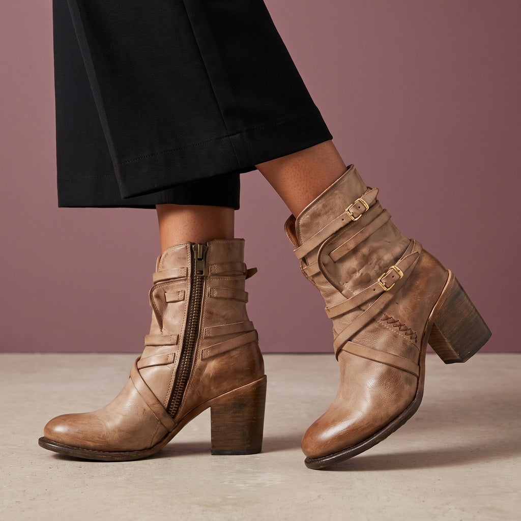 Martha Distressed Leather Buckle Ankle Boots - Light Brown