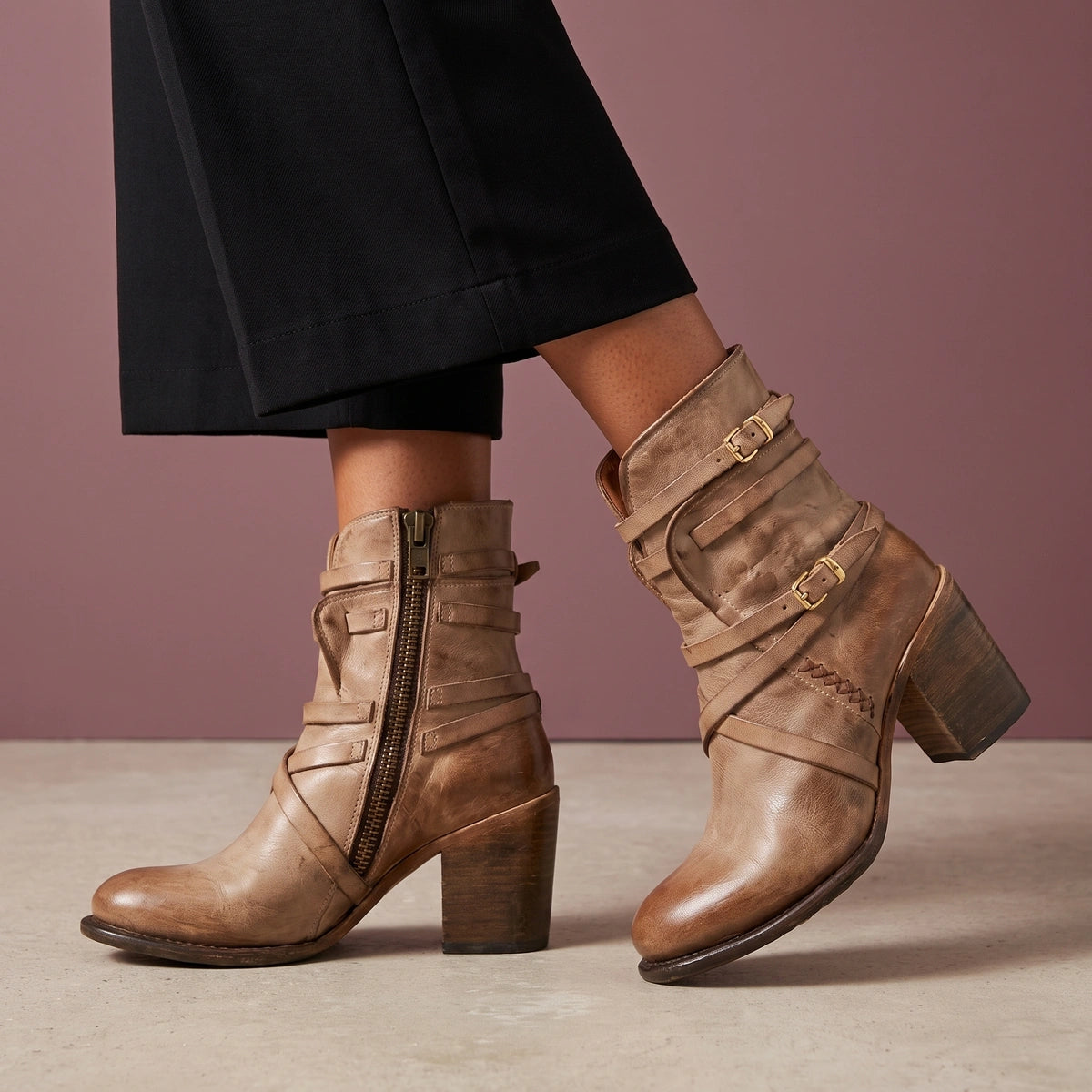 Martha Distressed Leather Buckle Ankle Boots - Light Brown