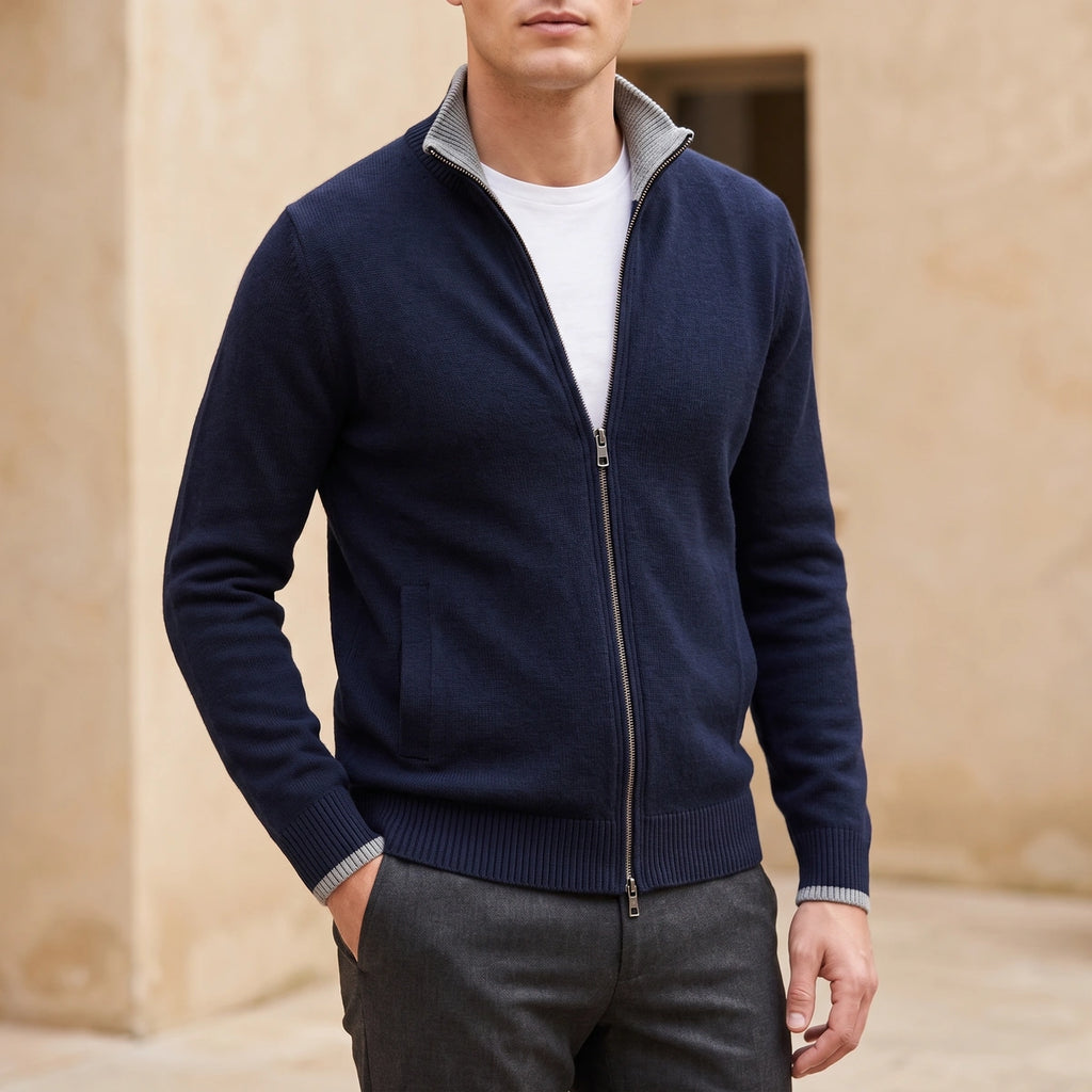 Martin Wool Blend Tipped Zip Cardigan - Blue