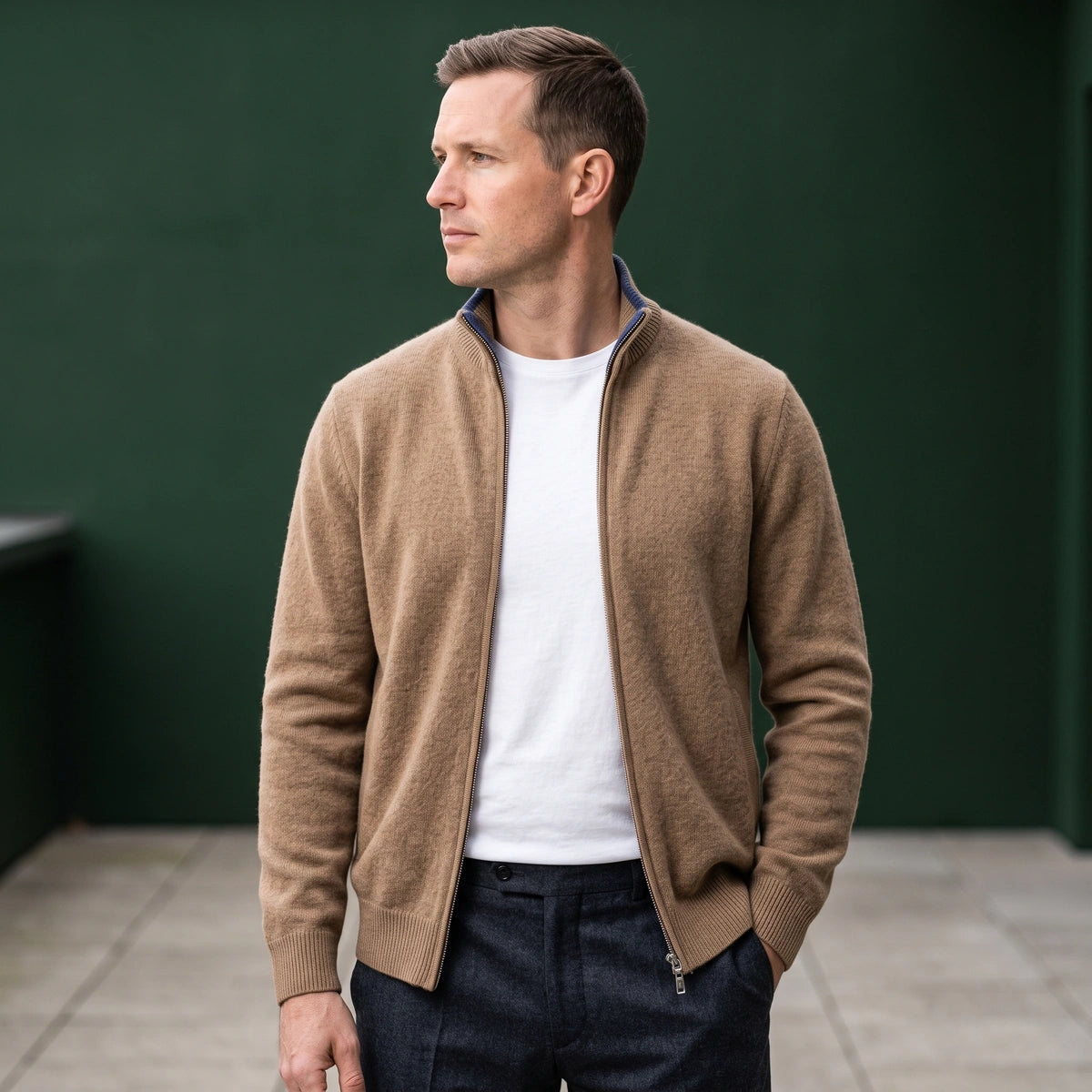 Martin Wool Blend Tipped Zip Cardigan - Camel