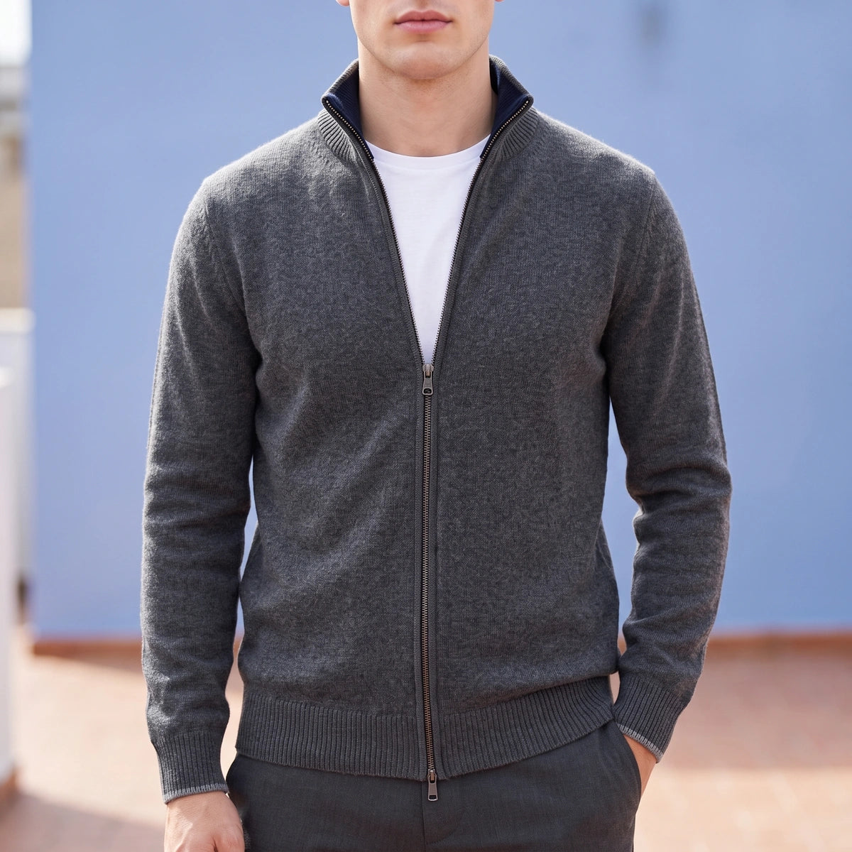 Martin Wool Blend Tipped Zip Cardigan - Gray