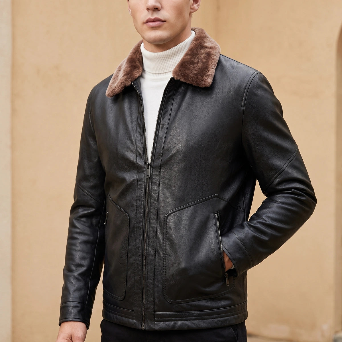 Mason Vegan Leather Shearling Collar Jacket - Black