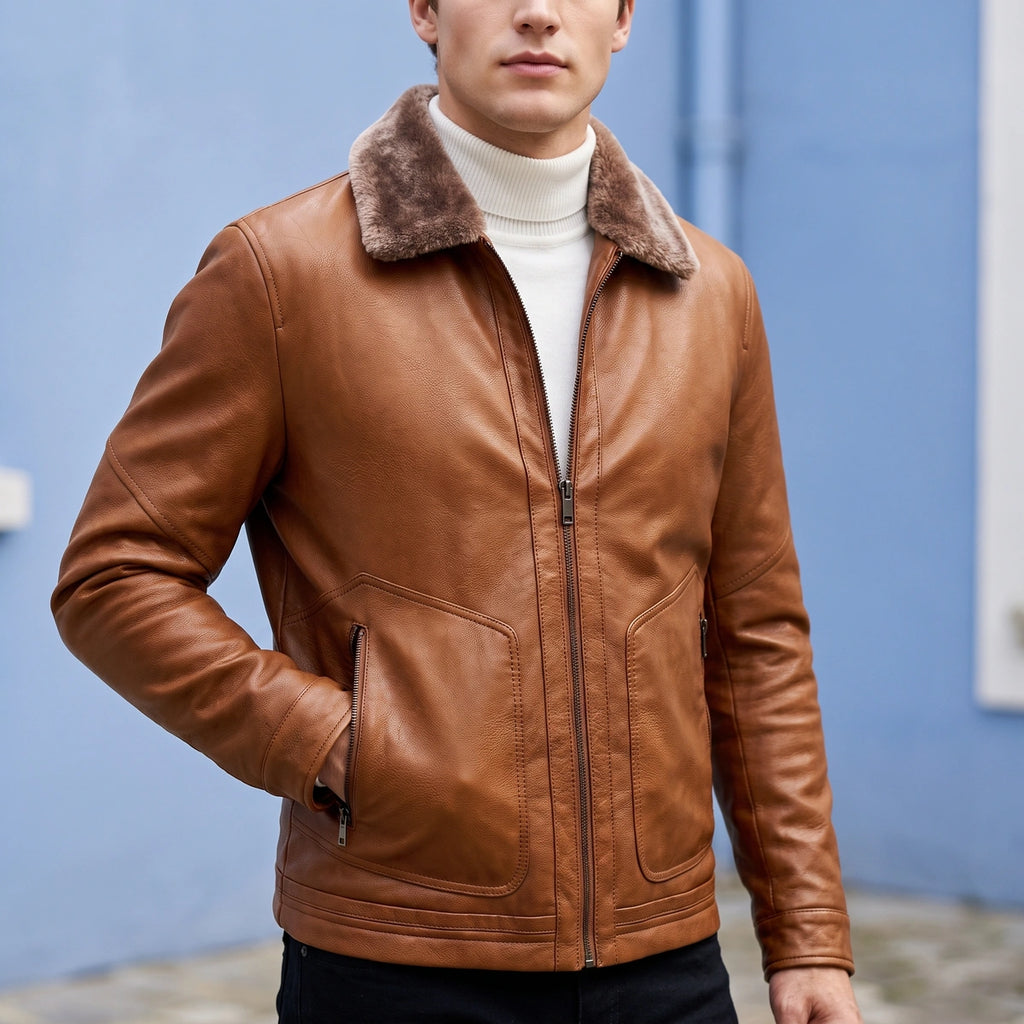 Mason Vegan Leather Shearling Collar Jacket - Brown