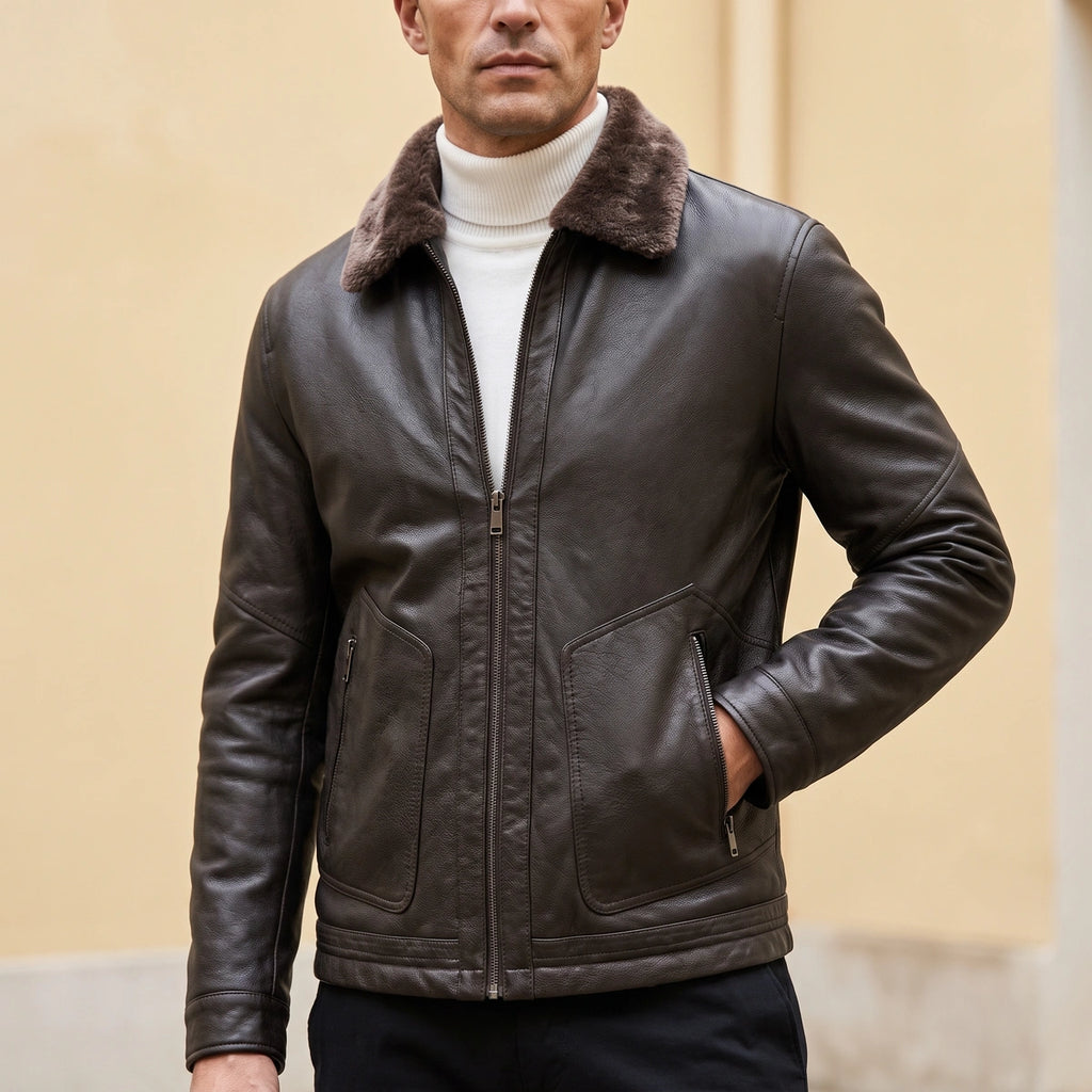 Mason Vegan Leather Shearling Collar Jacket - Dark Gray