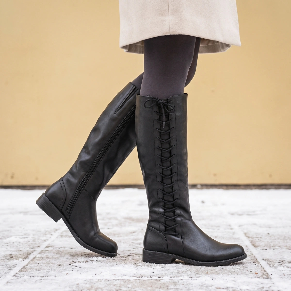 Melanie Orthopedic Lace Up Knee High Boots - Black