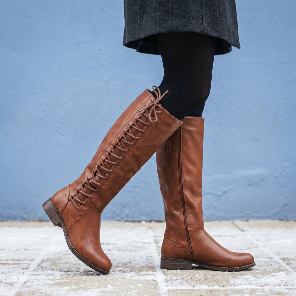 Melanie Orthopedic Lace Up Knee High Boots - Brown
