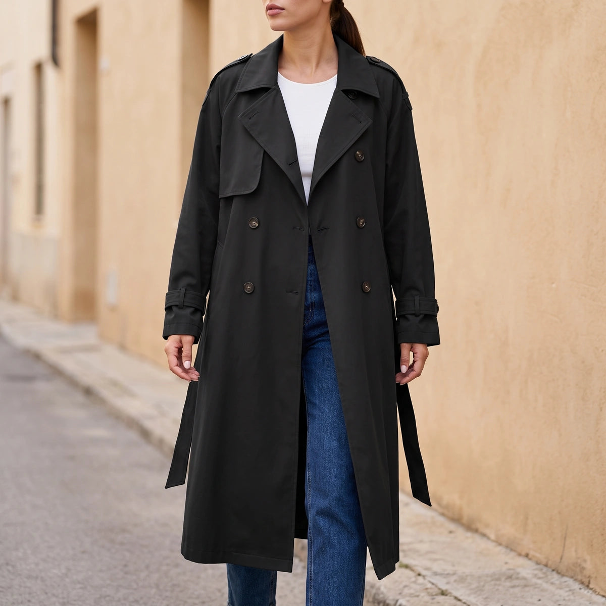 Molly Oversized Double Breasted Long Trench - Black
