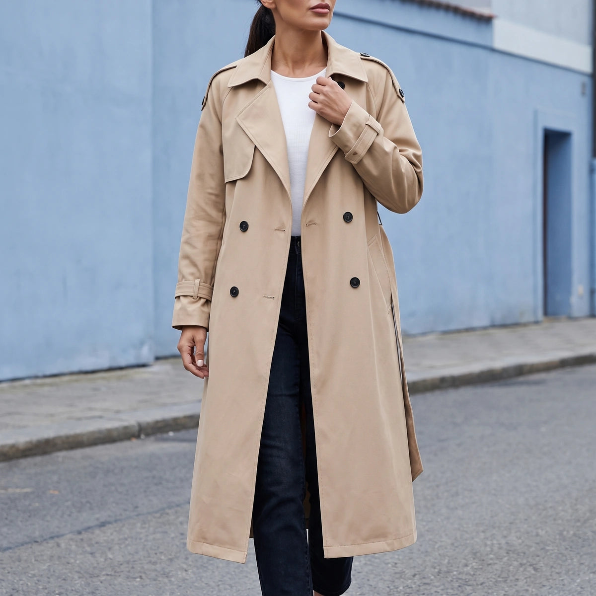 Molly Oversized Double Breasted Long Trench - Khaki