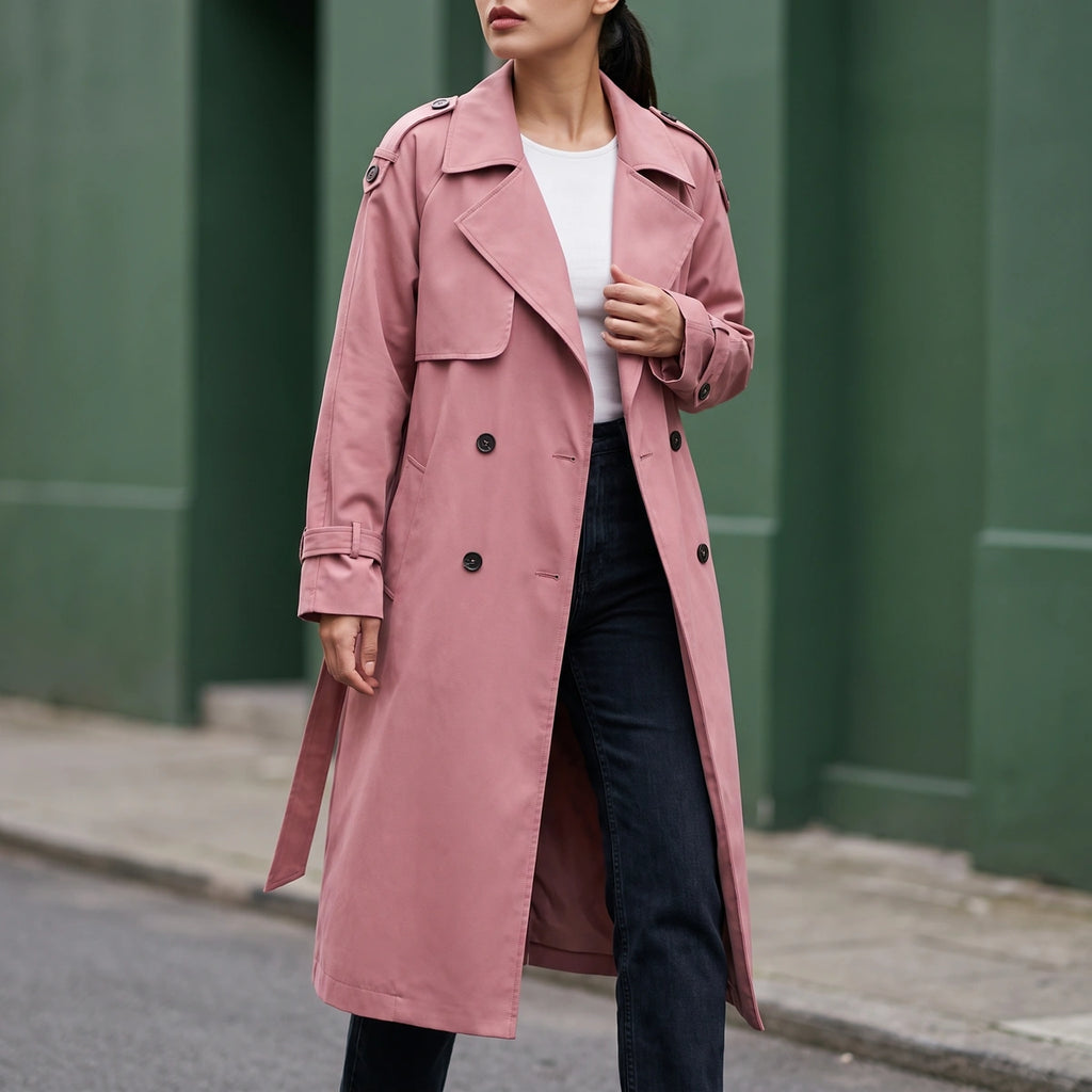 Molly Oversized Double Breasted Long Trench - Pink