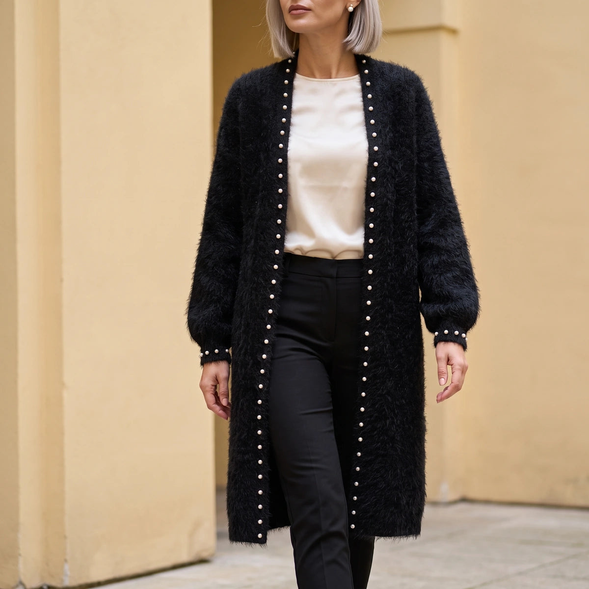 Paula Pearl Trim Cashmere Blend Cardigan - Black