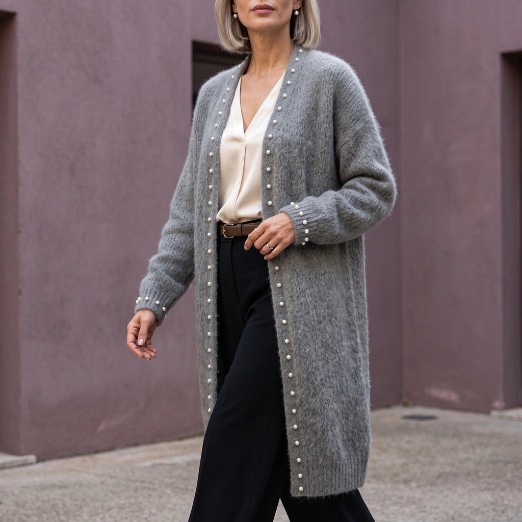 Paula Pearl Trim Cashmere Blend Cardigan - Gray