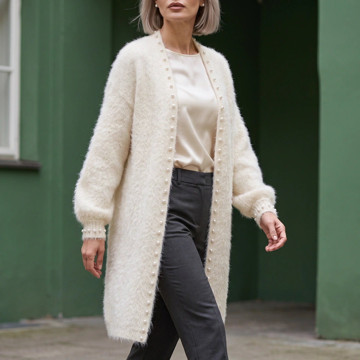 Paula Pearl Trim Cashmere Blend Cardigan - White