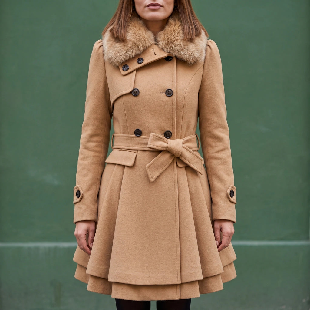 Ruby Fur Collar Belted Peplum Wool Coat - Beige