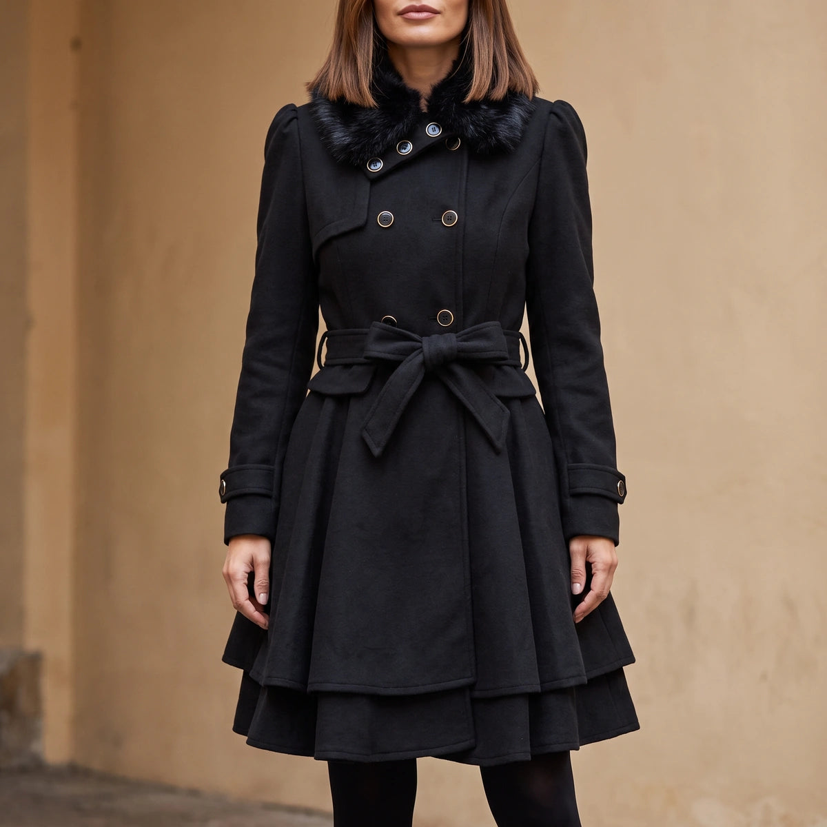 Ruby Fur Collar Belted Peplum Wool Coat - Black