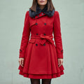 Ruby Fur Collar Belted Peplum Wool Coat - Red