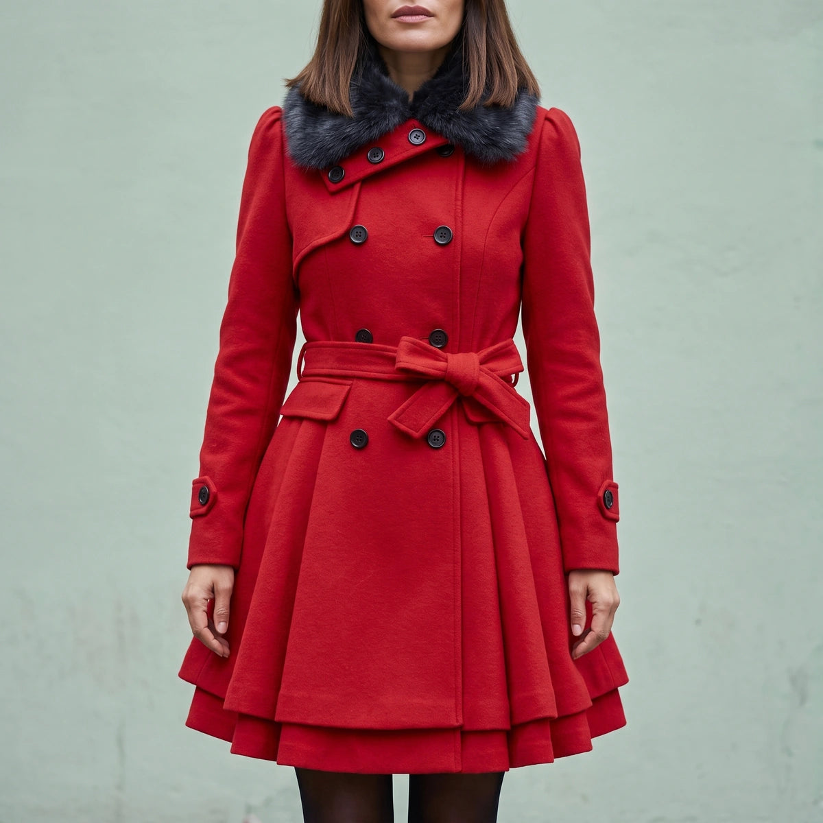 Ruby Fur Collar Belted Peplum Wool Coat - Red