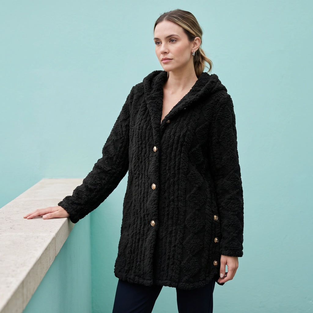 Sally Plush Cable Hooded Cardigan - Black