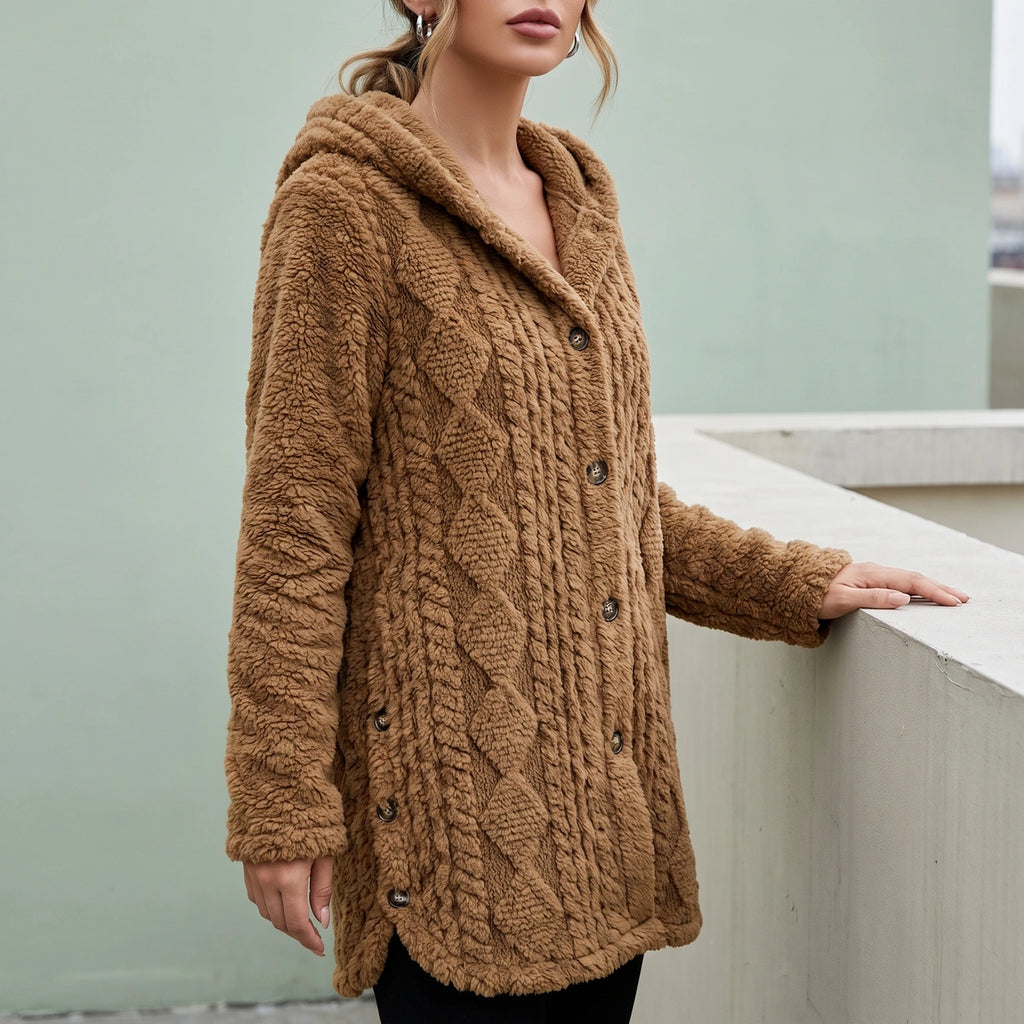 Sally Plush Cable Hooded Cardigan - Camel
