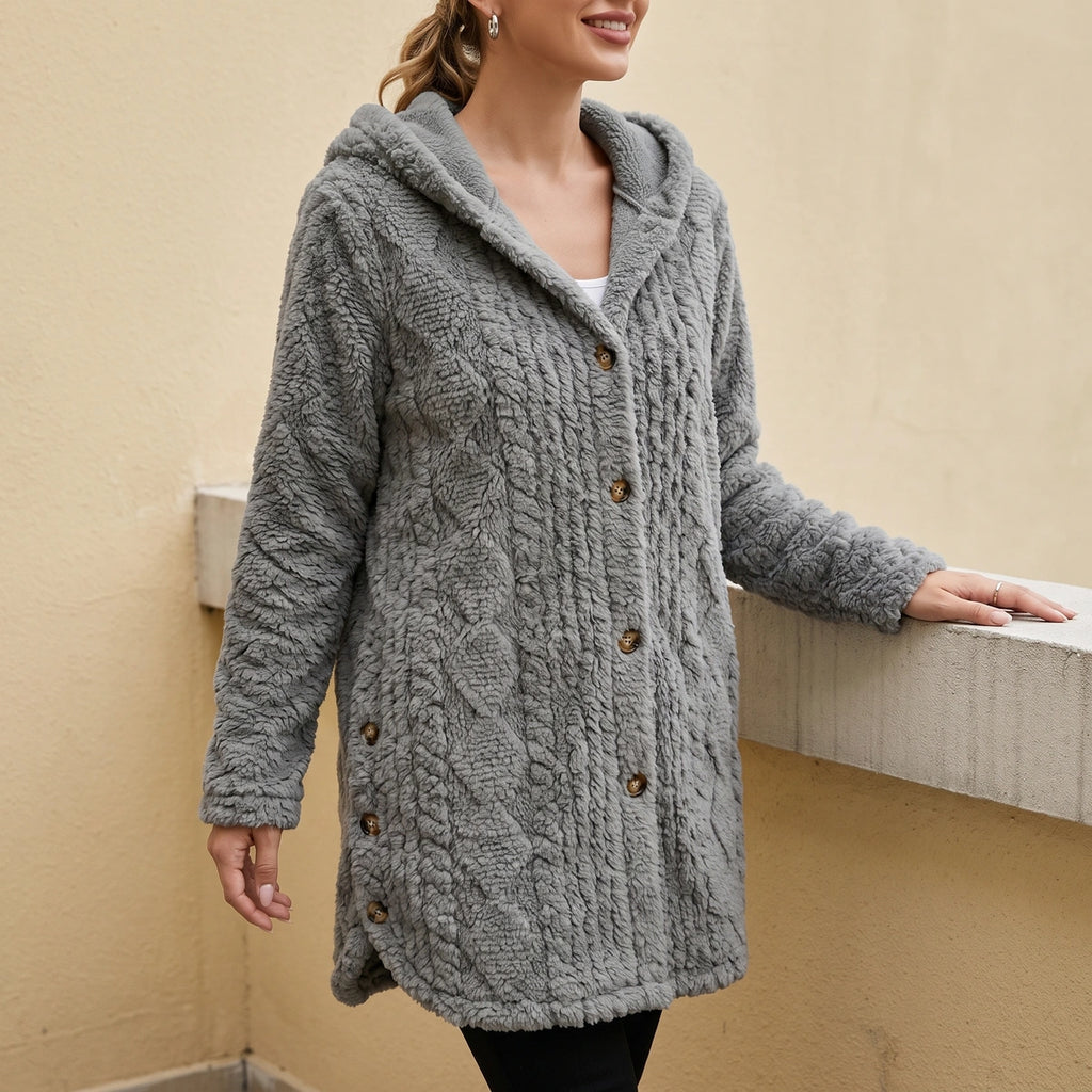 Sally Plush Cable Hooded Cardigan - Gray