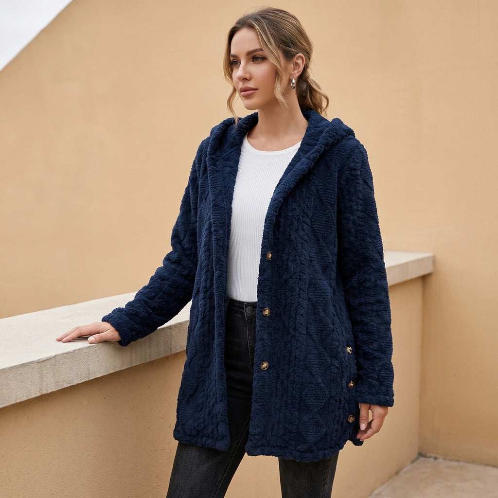 Sally Plush Cable Hooded Cardigan - Navy Blue